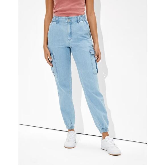 American Eagle Relaxed Mom Denim High Rise Cargo Jogger Jeans Pants Blue 6 - Picture 1 of 11